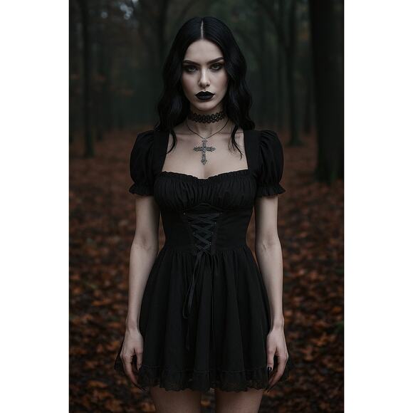 Dolls Kill Dresses & Skirts - Dolls Kill Widow Hazy Haunting Corset Puff Sleeve Milkmaid Mini Dress Black XXS